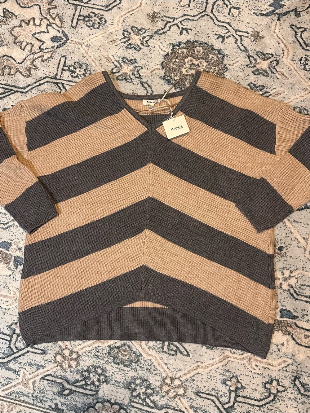 Miracle Striped V-Neck Sweater in Tan and Charcoal